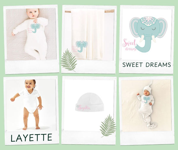 Boho elephant-themed newborn layette set with "Sweet Dreams" design, made from soft Prima Cotton