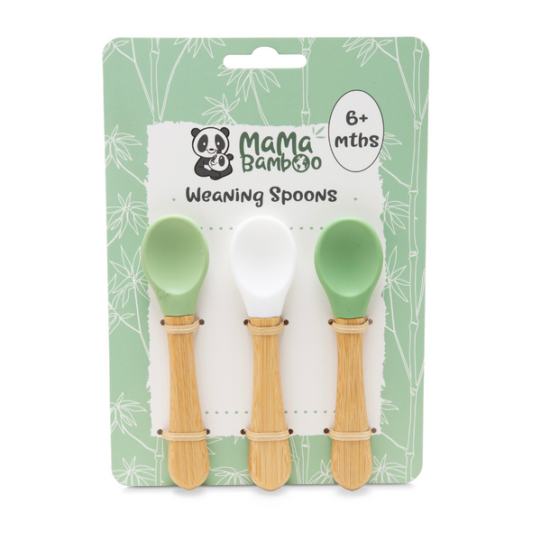 Set of 3 Mama Bamboo weaning spoons with soft silicone tips and natural bamboo handles